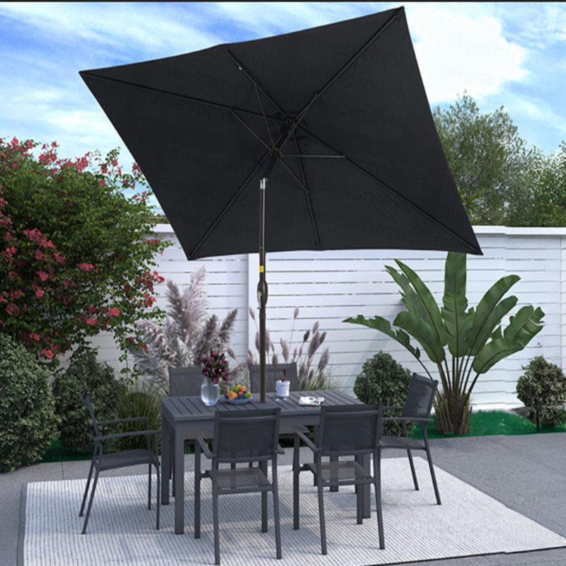Parasol rectangulaire noir de 6,5 x 10 pi avec manivelle, inclinable, toile résistante aux rayons UV pour la piscine, la cour et le patio (sans base)