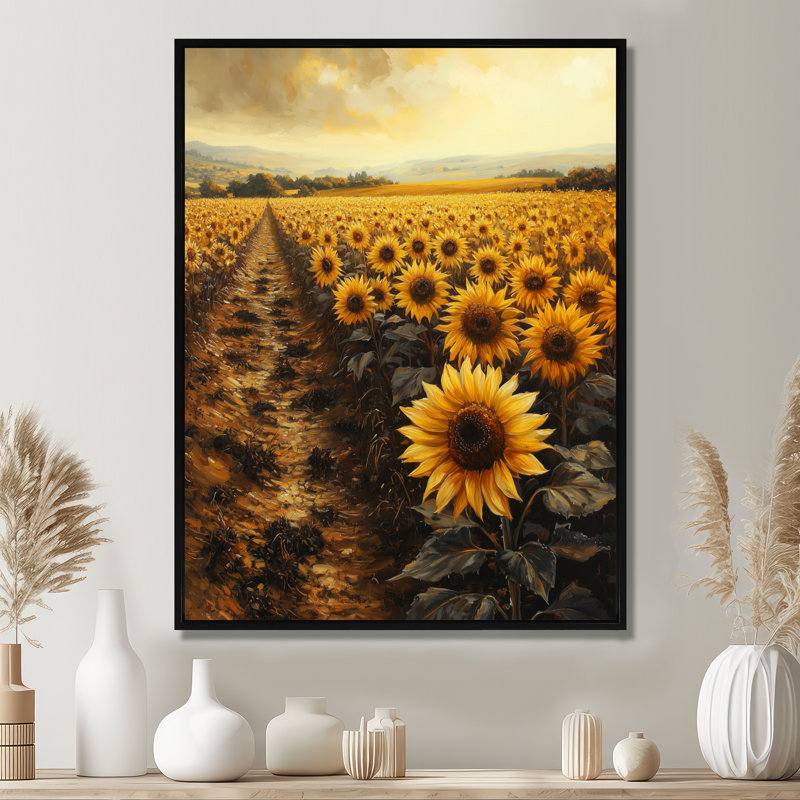 Tournesols de jamel le long du chemin de terre IV - Art mural tournesols, Noir, Reproduction avec cadre flottant