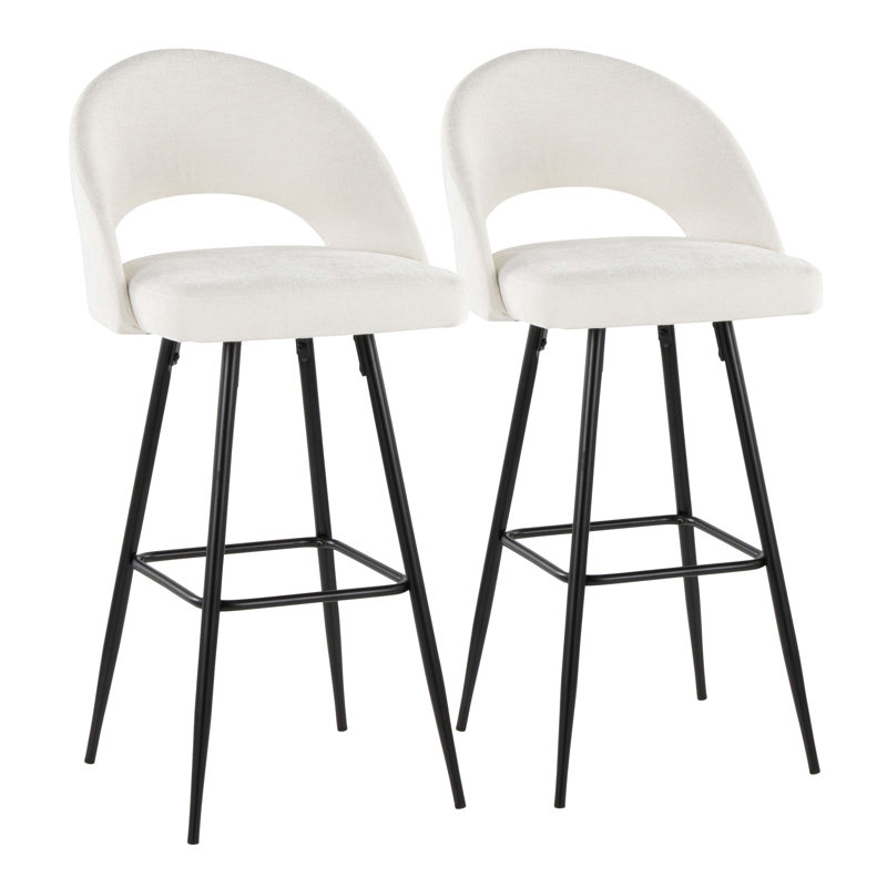 Tabouret de bar à hauteur fixe en métal et tissu avec repose-pieds carré - ensemble de 2, Crème, Noir