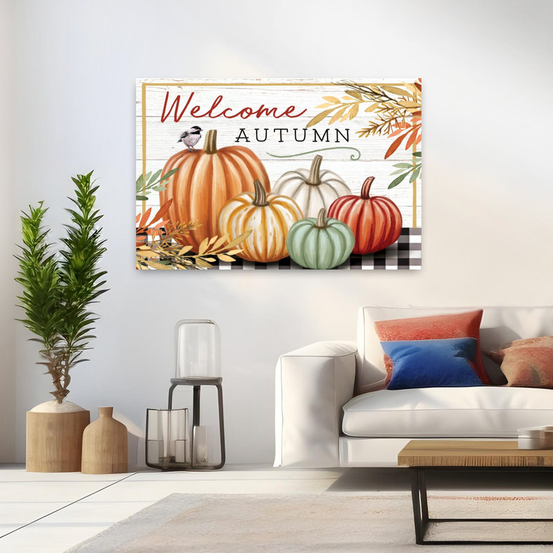 Welcome Welcome, citrouilles, art moderne d'automne, H 32 po x l 48 po