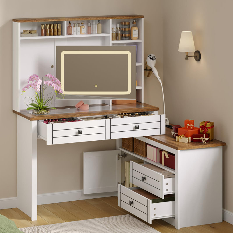 Miroir de salle de bain avec lumières, bureau de maquillage avec 5 tiroirs, 6 tablettes de rangement ouvertes, grande coiffeuse extensible avec station de charge, plateau en verre, miroir à écran tactile, blanc antique