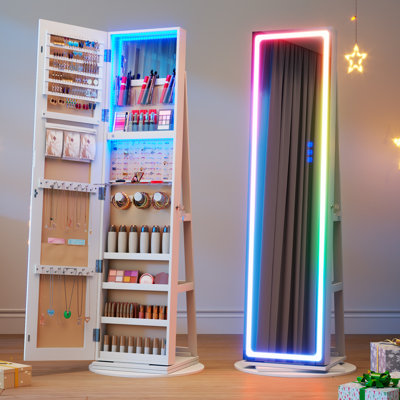 360° Swivel Jewelry Armoire With RGB Dimmable Lights, Lockable Jewelry Cabinet with Base