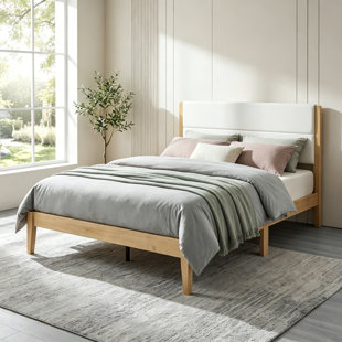Mid-Century Modern Platform Bed Frame with Upholstered Headboard, Solid Wood Slat Support, No Box Spring Needed, Easy Assembly