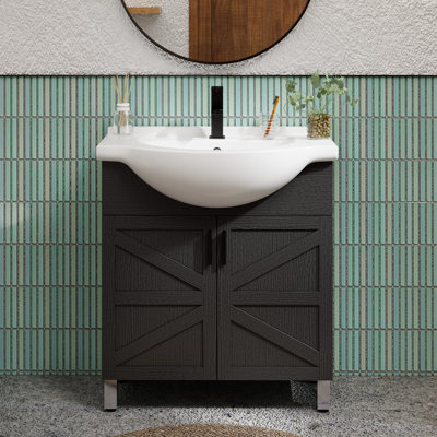 Meuble-lavabo simple autoportant de 30 po avec lavabo épais en céramique Euro, robinet et bonde en laiton