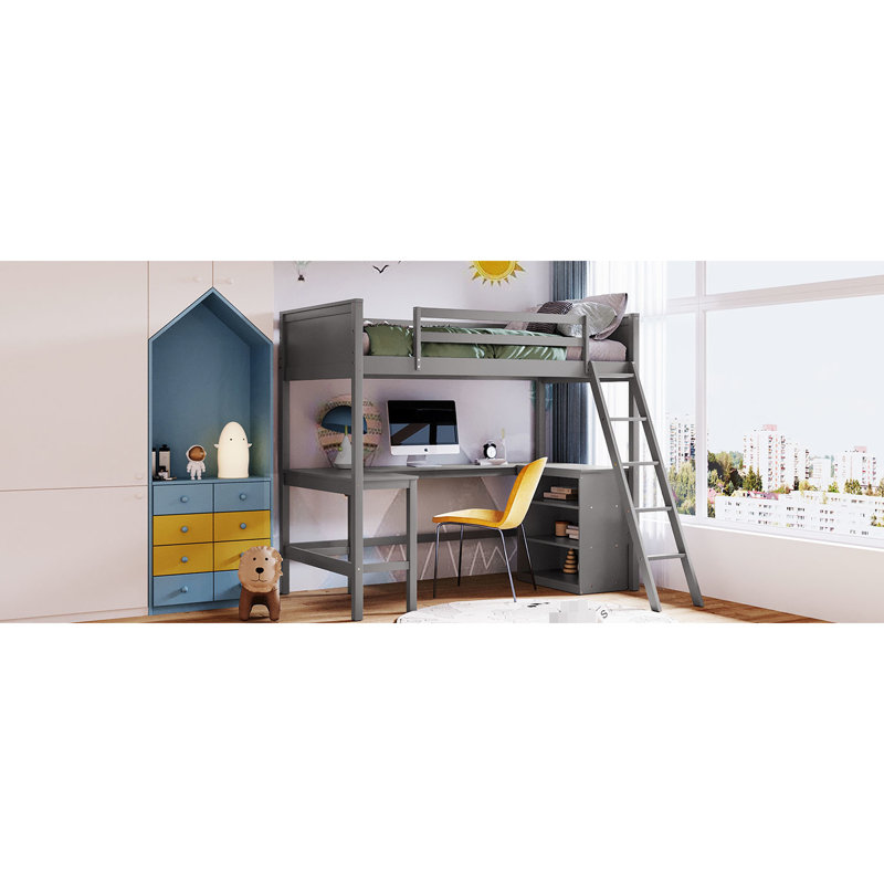 Lit mezzanine simple avec bureau de rangement et tablette - gris, transformez le décor de votre chambre à coucher, bois de pin, tablettes pratiques pour travailler