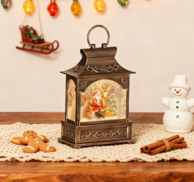 Lanterne boule de neige musicale bronze bronze | Scène de père Noël et renne avec lumières scintillantes (H 9,8 po) à DEL