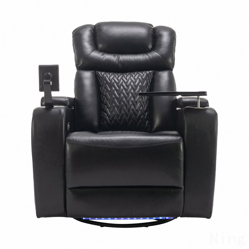 270° Swivel PU Leather Power Recliner - Home Theater, Tray Table, Phone Holder, USB, Storage, Black