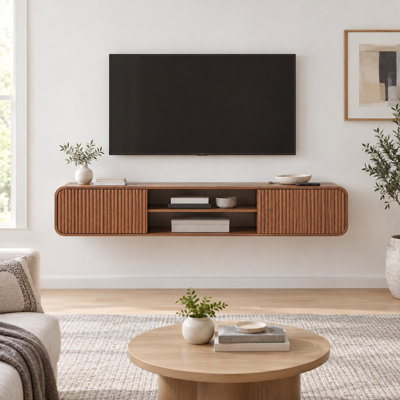 63" Wall Mounted TV Stand, Floating Media Console with Fluted Doors, Open Shelves and Cable Management
