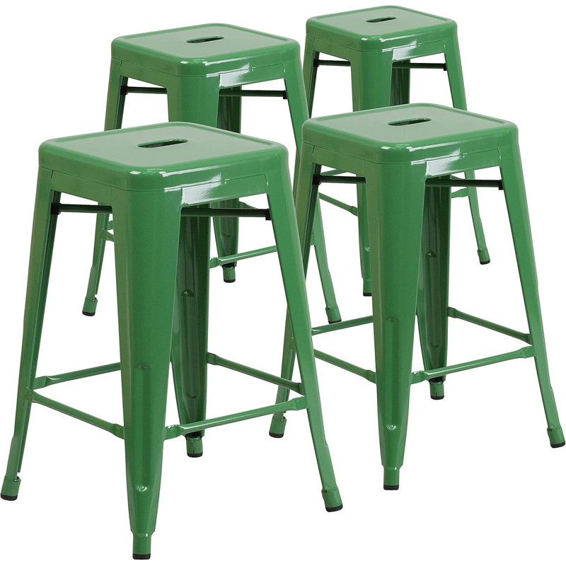 Commercial Grade Metal Counter Height Stool Set Of 4, Backless Indoor/Outdoor Stackable Barstools With Square Seats
