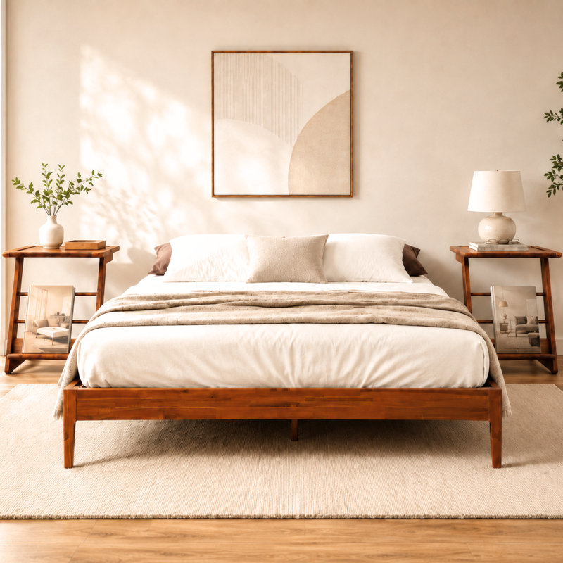 Ensemble de chambre à coucher 3 pièces Clotilde, cadre de grand lit en bois d'acacia avec 2 tables de chevet assorties