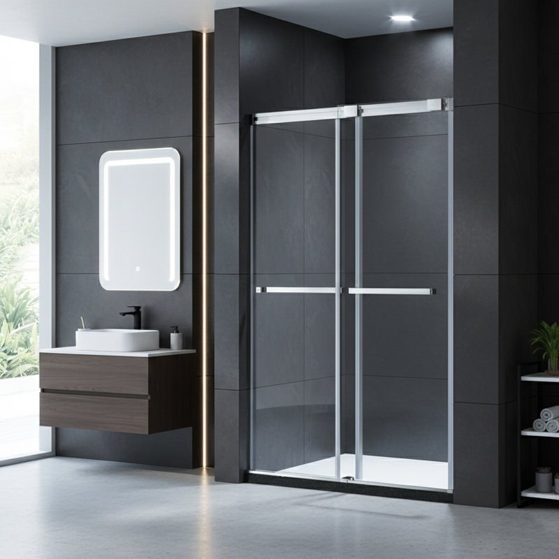 Rouleau de porte de douche coulissant double sans cadre moderne de l 48 po x H 74 po avec verre trempé de 1/3 po (8 mm) et certifié Sgcc