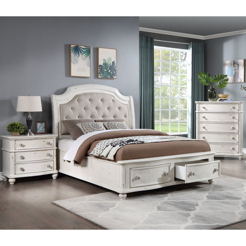 Lit plateforme avec rangement en tissu d'ameublement blanc Sulaman