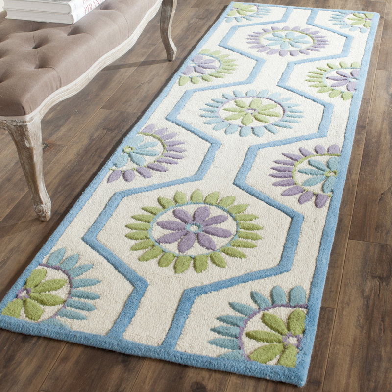 Tapis ivoire / bleu en laine touffeté à la main Ilion, Tapis de couloir 2 pi 6 po x 8 pi