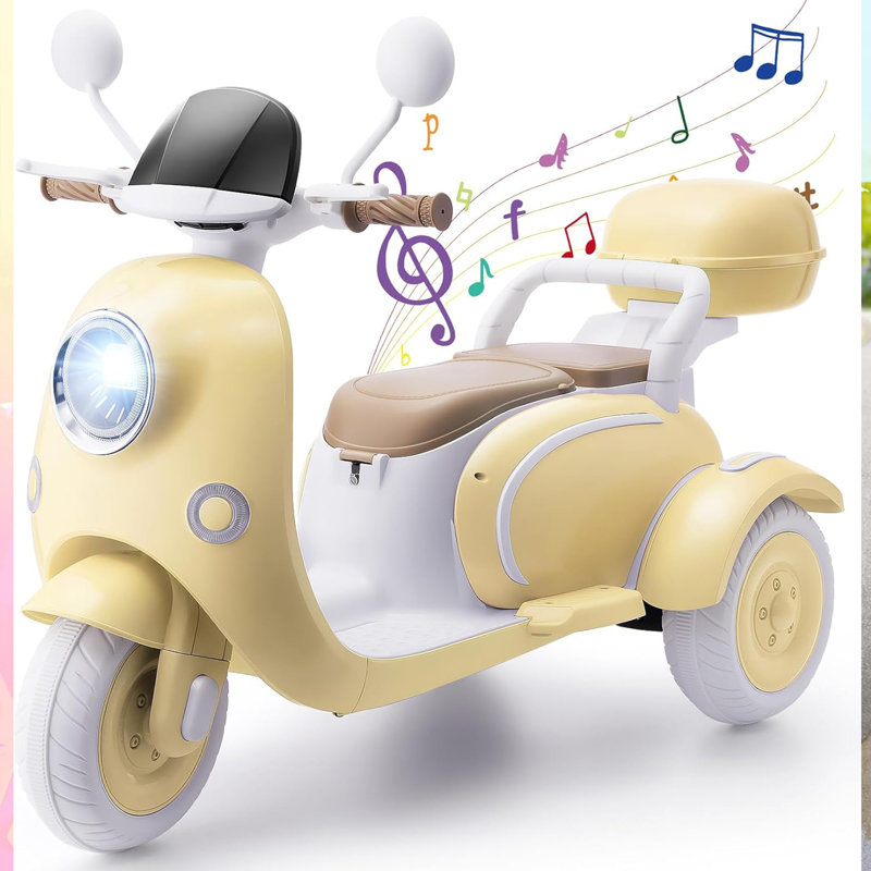 12V Kids Electric Motorcycle, 2 Seater 3 Wheels Moped, USB, Music, Horn, Light, Big Storage Box, Dual Motor Electric Ideal Motorcycle For Aged 3+