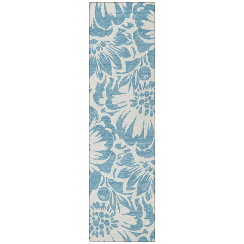8' Runner Denim and Ivory Floral Washable Non Skid Indoor Outdoor Runner Rug