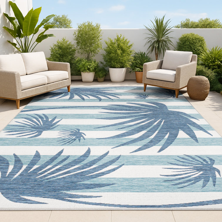 Conswello Classic Beach Stripe and Palm Leaf Navy/Cream Indoor/Outdoor Rug