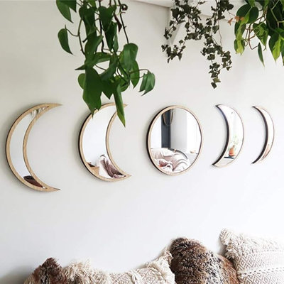 5 Pieces Scandinavian Natural Decor Acrylic Wall Decorative Mirror Interior Design Wooden Moon Phase Mirror Bohemian Wall Decoration For Home Living R