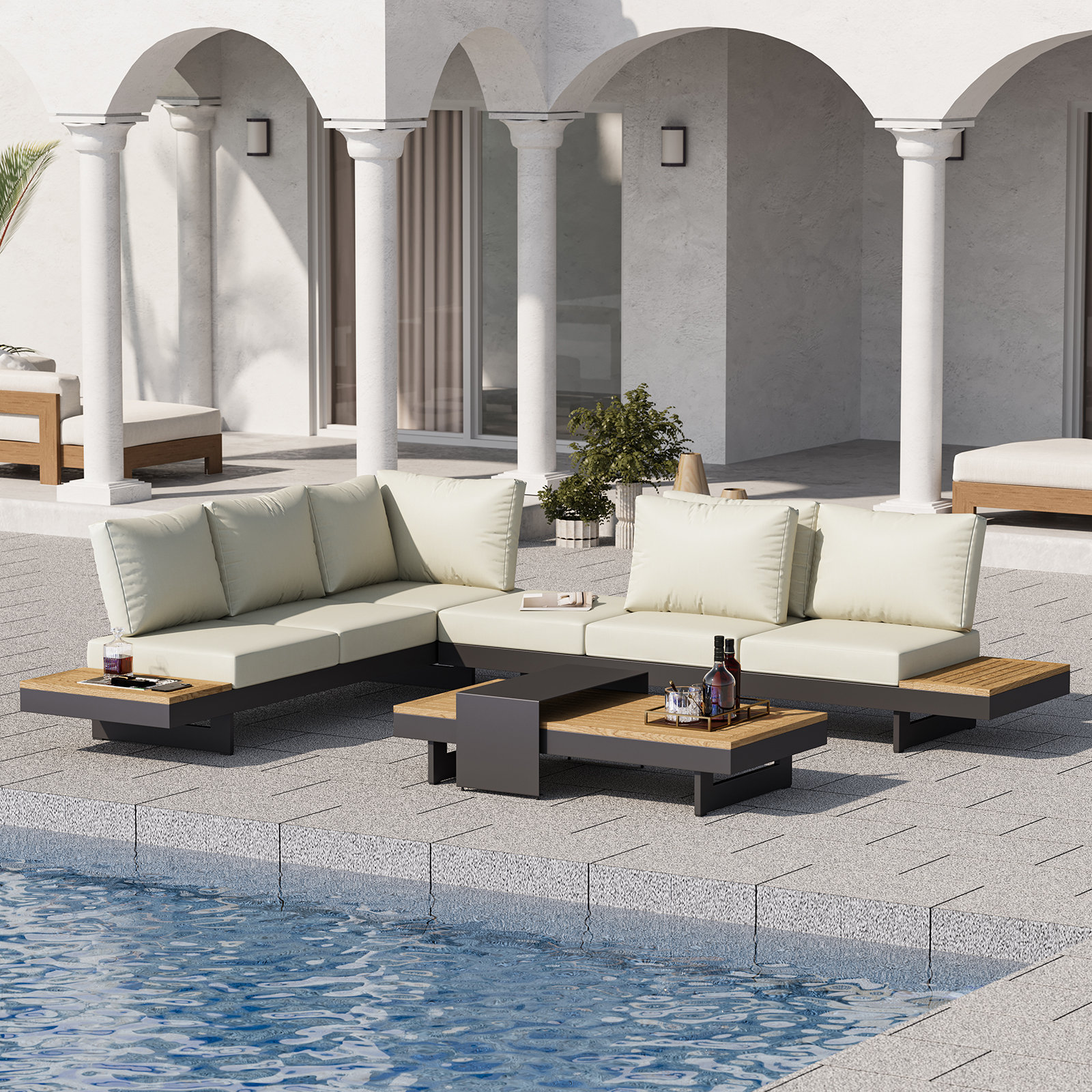 6-Person Teak & Aluminum Modular Outdoor Patio Set , Beige