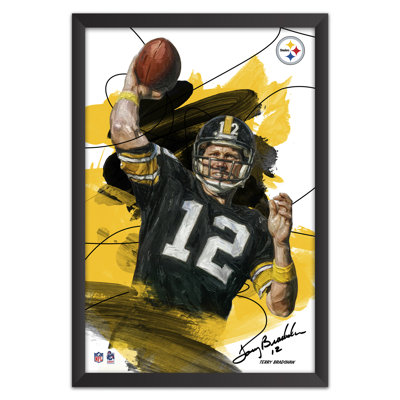 Sporticulture NFL Pittsburgh Steelers Terry Bradshaw 12 Brush Stroke Framed Wall Art, Football Legend Poster Decor, 27 x 39 Inch Fan Cave Artwork