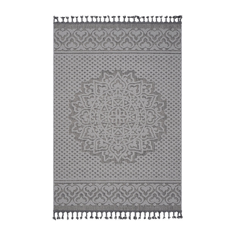 Tapis intérieur / extérieur gris / blanc / médaillon Collection, Rectangle 4 pi x 6 pi 2 po