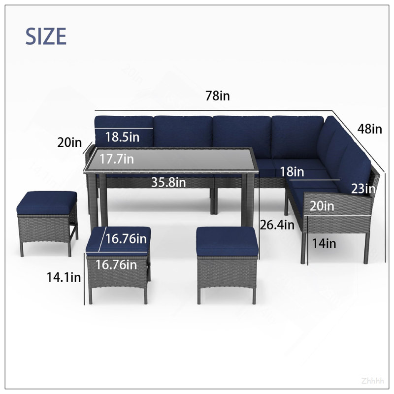 Ensemble de 7 pièces de mobilier d'extérieur pour petit patio, Bleu