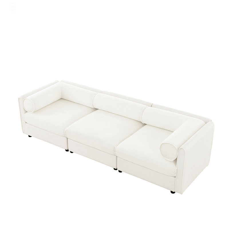 Élégant canapé en chenille blanche avec siège de rangement, dossier cylindrique et accoudoirs, canapé contemporain en tissu 3 places avec compartiment de rangement caché