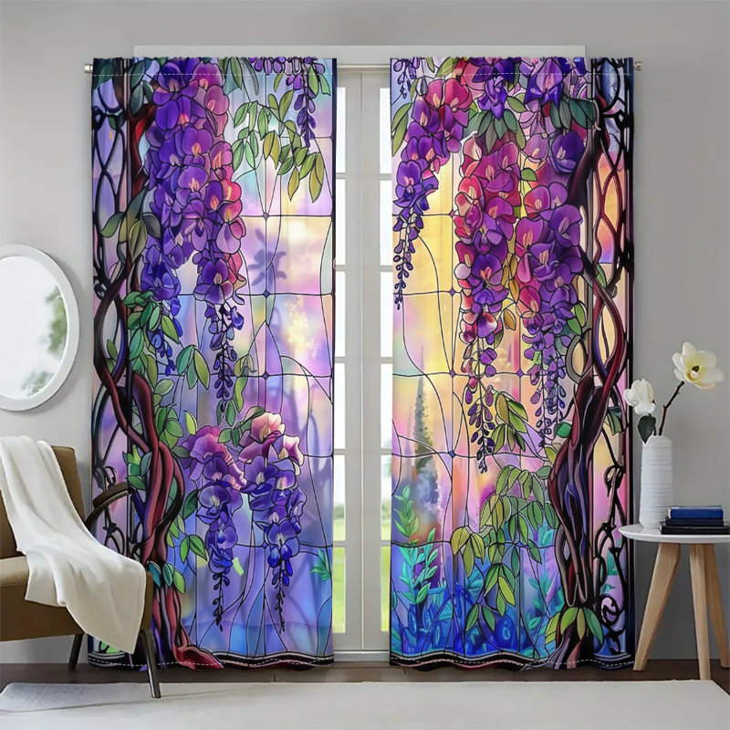 2Pcs Wisteria Stained Curtains, Floral Pattern Window Drapes, Rod Pocket Design, Light Filtering, Flowers Cascading Vine Print, Elegant Botanical Art, Suitable for Living Room Bedroom Kitchen