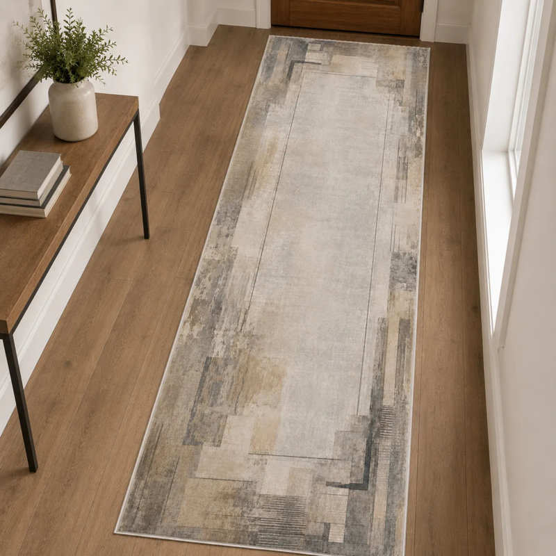 Tapis / chemin de table en chenille beige encadré, Rectangle 11'6" x 5'3"