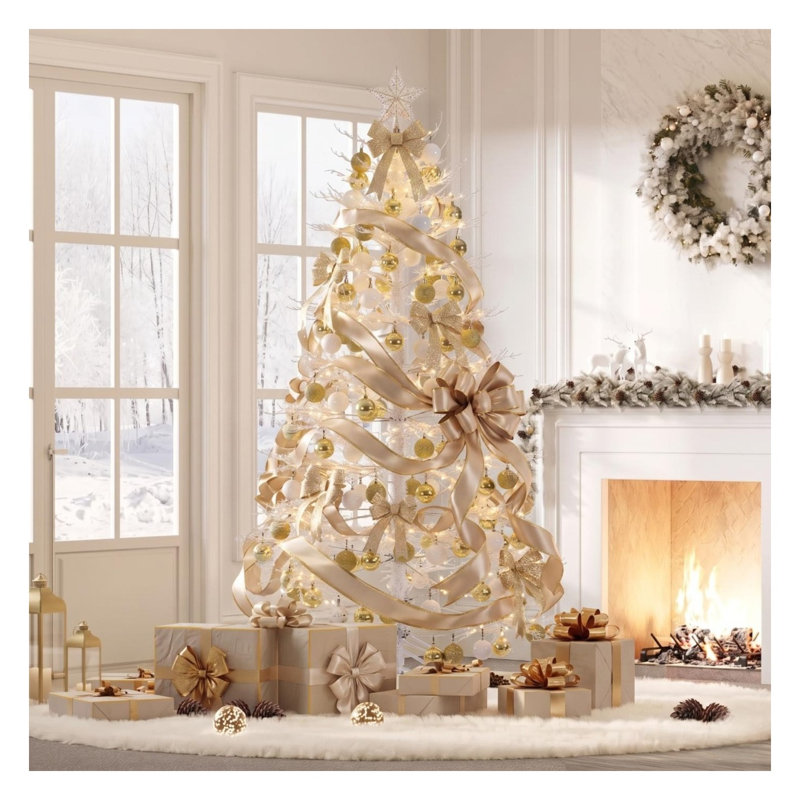 Sapin de Noël artificiel illuminé 6 pi, sapin de Noël articulé avec 600 lumières DEL blanc chaud et 150 boules décoratives, 253 pointes en PE arbre de Noël blanc pour la décoration intérieure