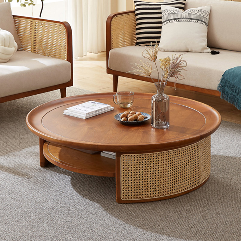 Solid wood rattan round creative tea table, 15.75" H x 39.37" L x 39.37" W, Brown