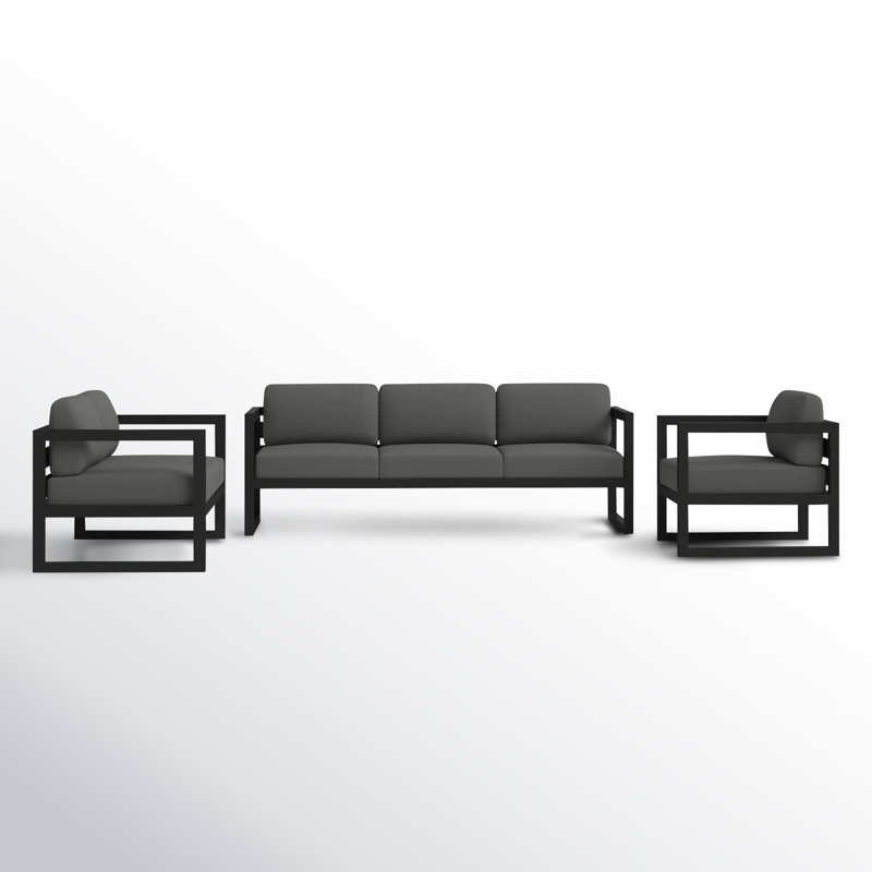Smith 3 Piece Sofa Seating Group with Sunbrella® Cushions, Canvas Flax Sunbrella® Canvas, Black