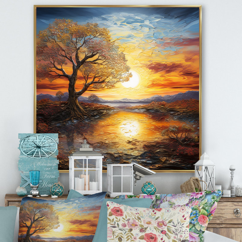 Sunrise Charm liquide Art II, Cadre flottant doré, H 16 po x l 16 po x P 1 po