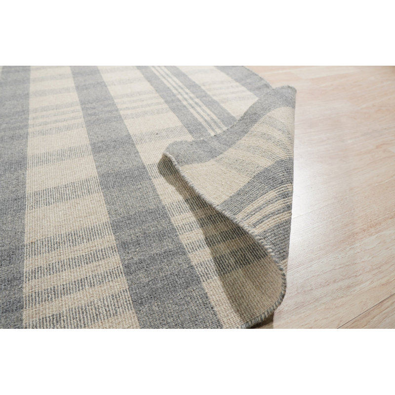 Gray Hand-Knotted Wool Soft Plaid Weave Geometric Modern Contemporary Carpet Rug, 9' x 12'