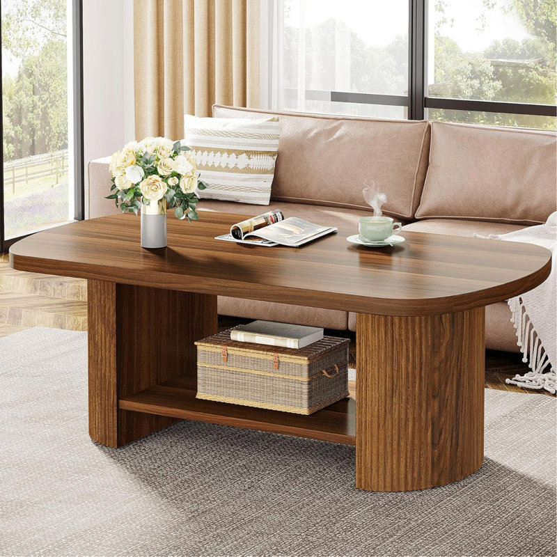 Table basse 45,27 "à 2 niveaux de style Mid-Century rustique brun avec tablette de rangement pour le salon