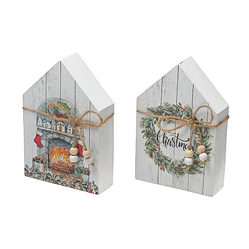 Festive White Wooden House Figurines with Ribbon Set