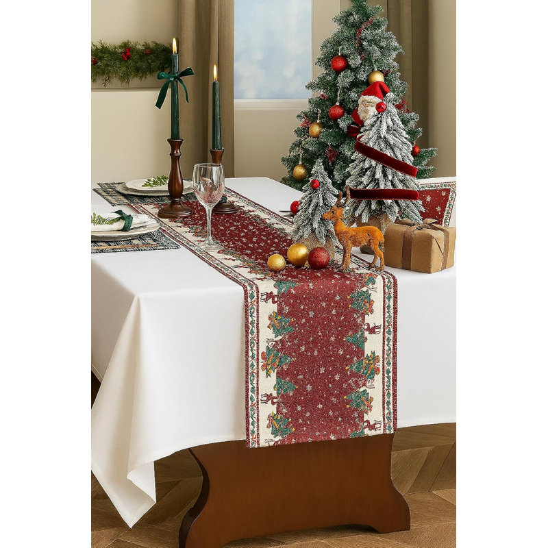 Burgundy Christmas Tree & Deer Festive Table Runner 13" X 72", Burgundy