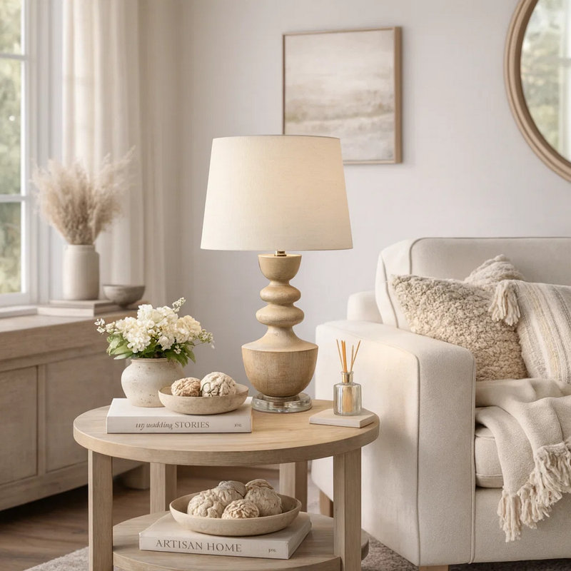 Lighting, 28 po, lampe de table, résine, abat-jour, transitionnel, Beige, Beige