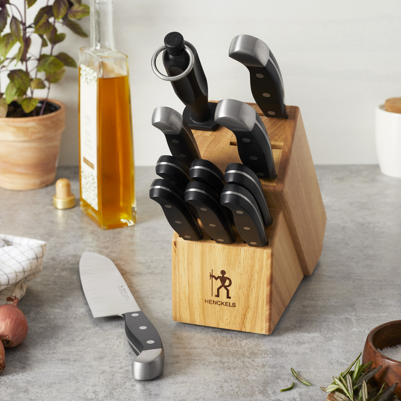 HENCKELS Statement 12-Piece Kitchen Knife Set with Block, Chefs Knife, Steak Knife, Bread Knife, Steak Knives, Kitchen Knife Sharpener, Light Brown