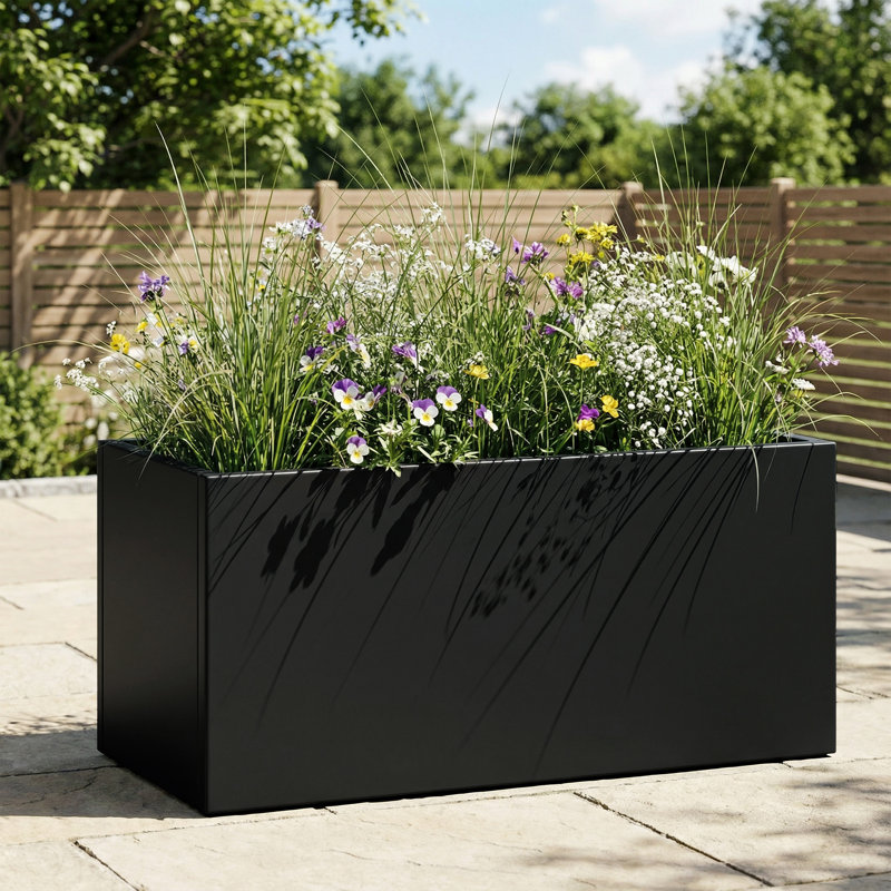 Metal Rectangular Planter Box with Drainage Holes, Outdoor Plant Container for Patio, Yard, or Balcony, BLACK