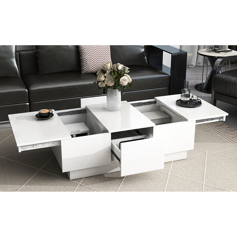 Table basse moderne avec plateau extensible et espace de rangement caché, table blanche élégante, 2 rangements et tiroirs, pour une vie fonctionnelle à la maison