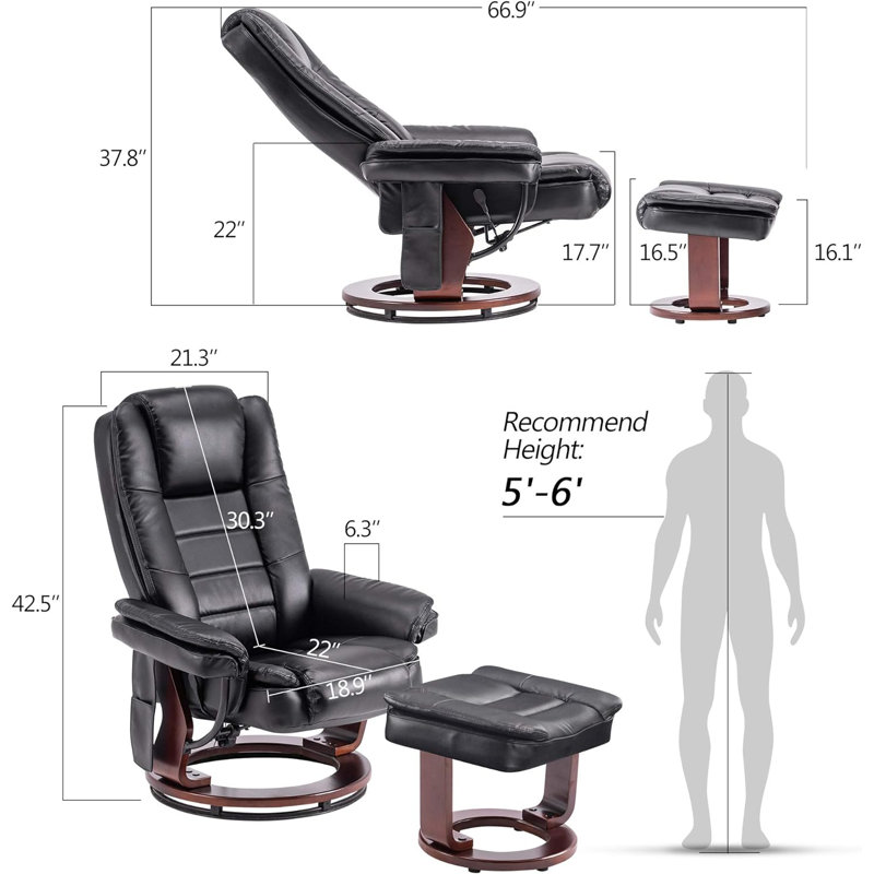 Jamillah  2Set Faux Leather Recliner with Massage Feature and Ottoman, 360 Degree Swivel, Removable Lumbar Pillow