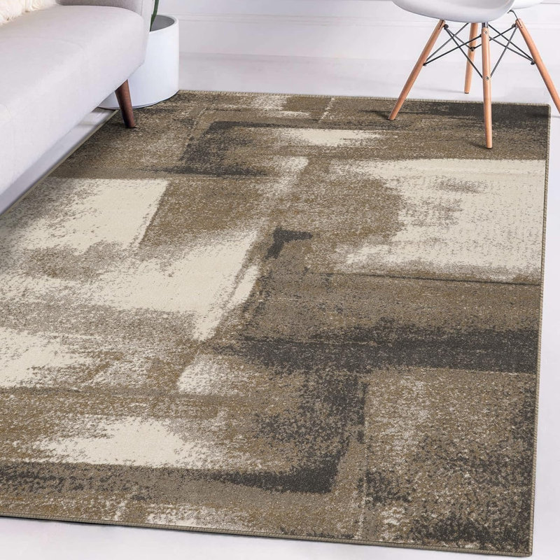 Brown Beige Abstract Block 5' x 7' Rug for Bedroom Hallway