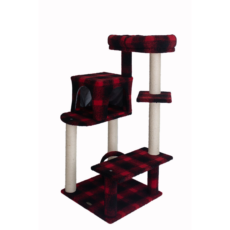 50-Inch Red and Black Plaid Sisal Cat Tree with Lounger