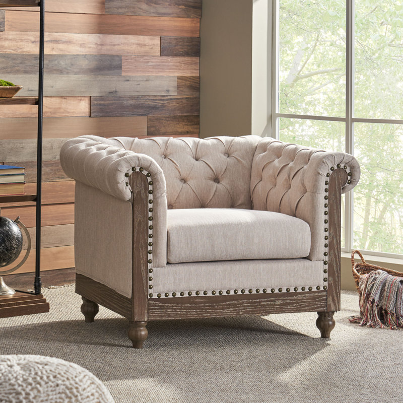 Fauteuil Chesterfield en polyester touffeté de 39 po de large Giovany, Beige