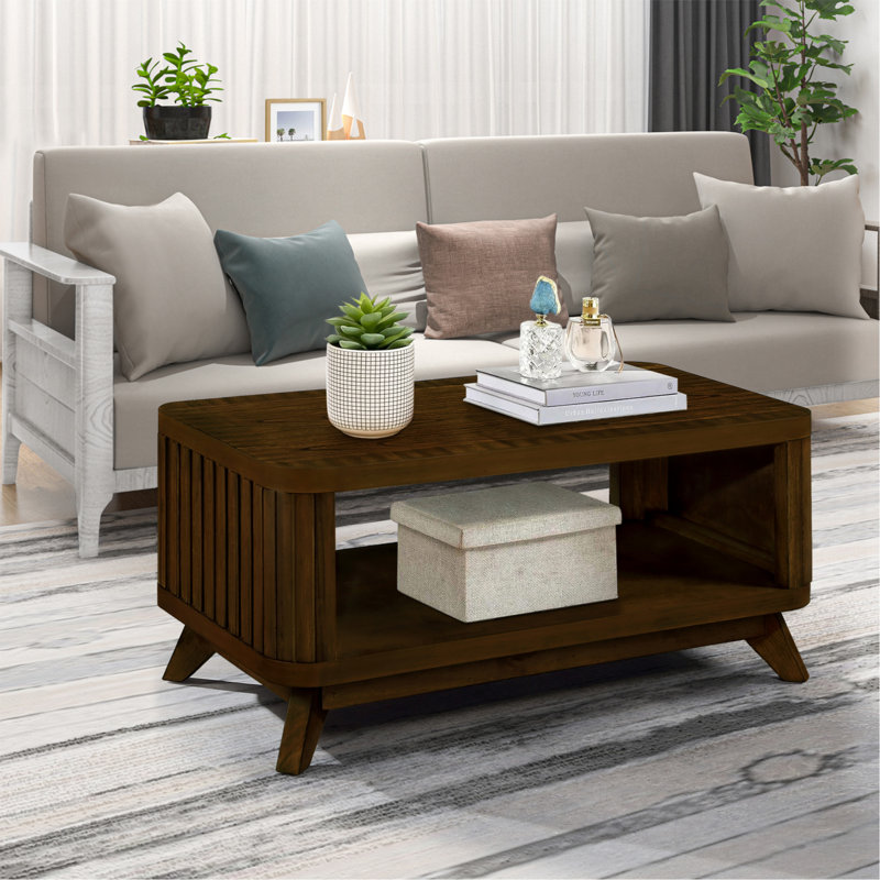Dralith 41.5" Solid Wood Coffee Table With Open Storage Shelf, Walnut