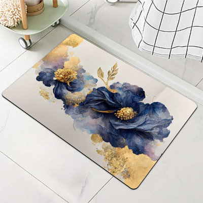 Diatomaceous Earth Bath Mat,Watercolor Flowers Gold and Blue Non-Slip Volume Super Absorbent Fast Drying for Bathroom Kitchen Door mat,Eco-Friendly Easy to Clean 16×24Inch (40 * 60cm)