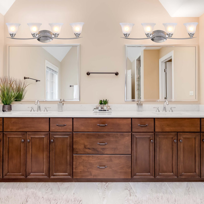 Trinidad 4-Light Indoor Brushed Nickel Bath or Vanity Wall Mount with Alabaster Glass Bell Shades, Brushed Nickel