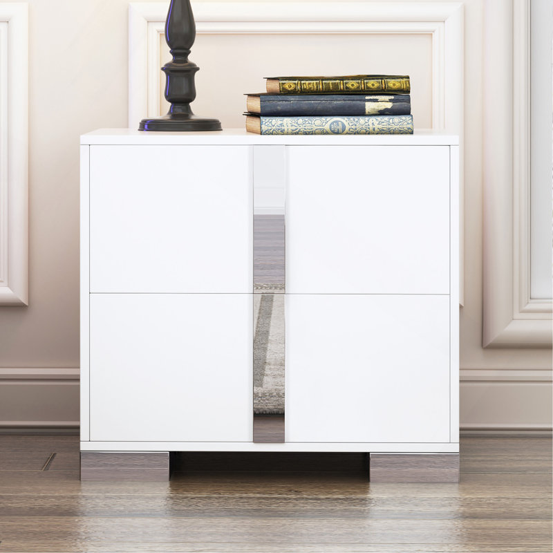 Table de chevet élégante avec pied en métal et table de chevet à miroir avec 2 tiroirs, Blanc