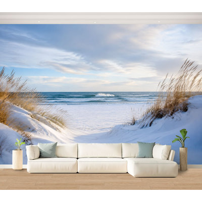Wall Mural Peel and Stick Wallpaper Snowy Coastal Beach Scene Grass Dunes Ocean Waves Self-Adhesive Removable Contact Paper Wall Decor for Living Room Bedroom 100"H x 144"W