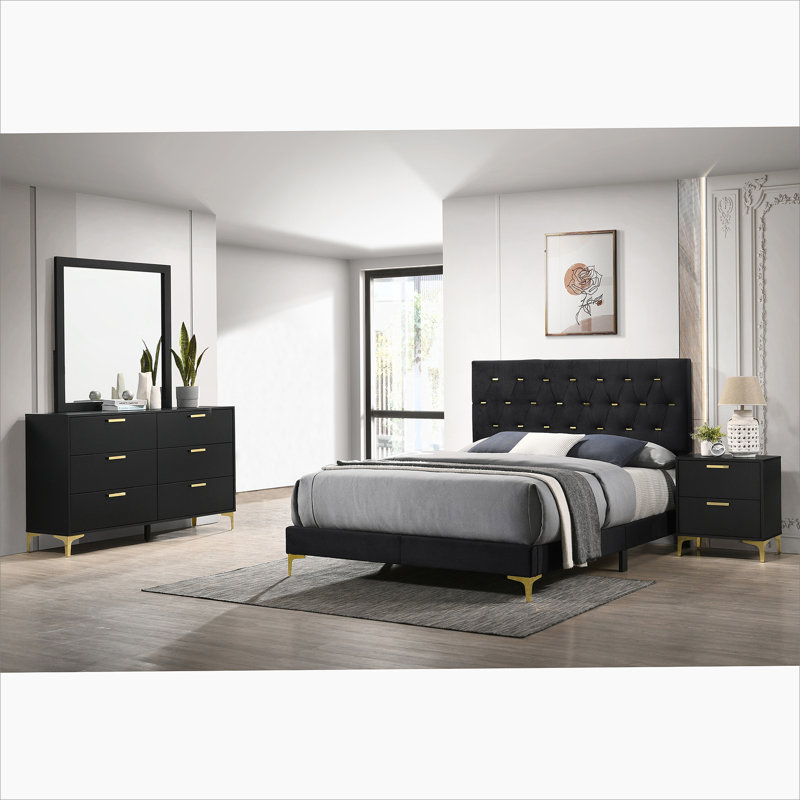 Ensemble de chambre avec grand lit à panneaux 4 pièces, Grand lit, Quatre pièces : lit, table de chevet, commode et
